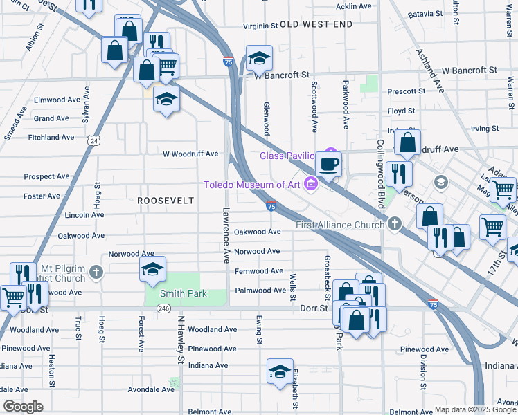 map of restaurants, bars, coffee shops, grocery stores, and more near 818 Lincoln Avenue in Toledo