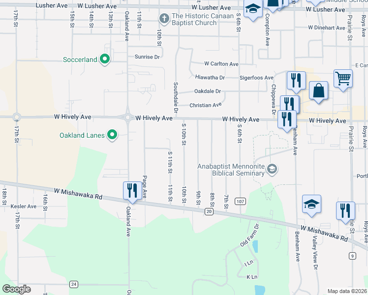 map of restaurants, bars, coffee shops, grocery stores, and more near 10th Street in Elkhart