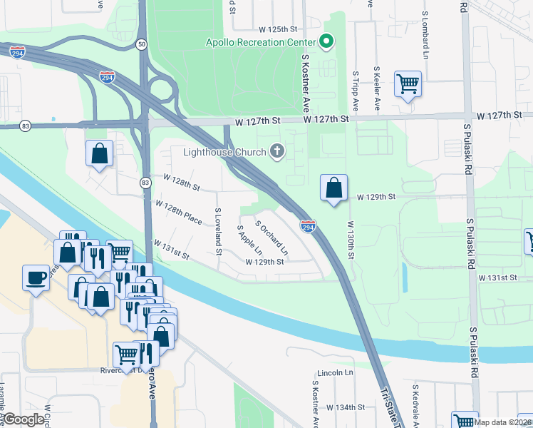 map of restaurants, bars, coffee shops, grocery stores, and more near 12815 West Blossom Drive in Alsip
