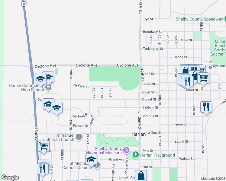 map of restaurants, bars, coffee shops, grocery stores, and more near 1006 14th Street in Harlan