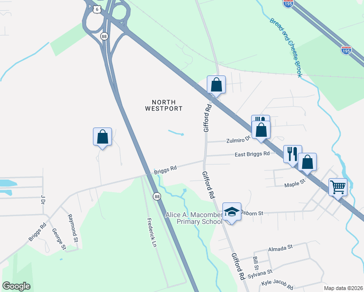 map of restaurants, bars, coffee shops, grocery stores, and more near 15 Briggs Road in Westport