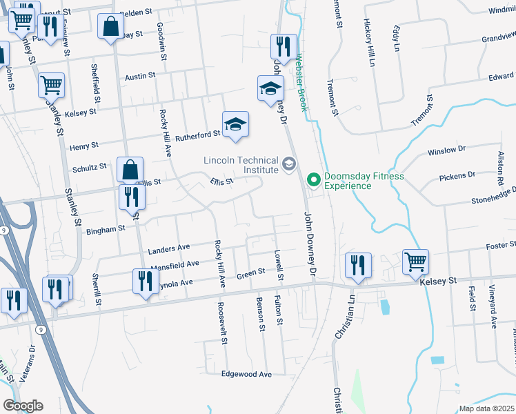 map of restaurants, bars, coffee shops, grocery stores, and more near 12 Devens Street in New Britain