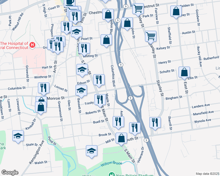 map of restaurants, bars, coffee shops, grocery stores, and more near 250 Maple Street in New Britain