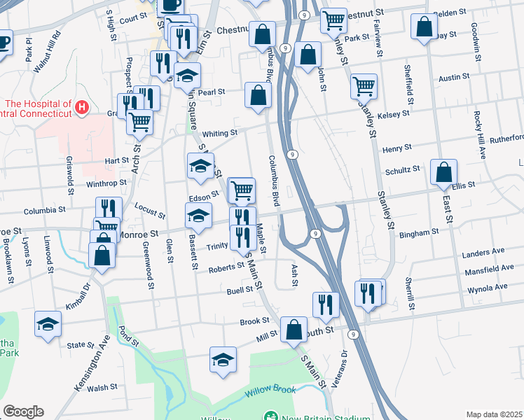 map of restaurants, bars, coffee shops, grocery stores, and more near 250 Maple Street in New Britain