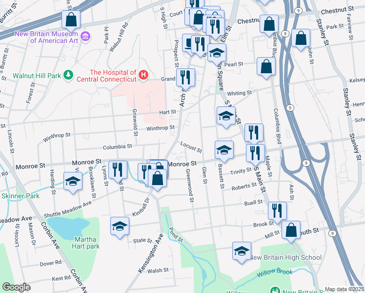 map of restaurants, bars, coffee shops, grocery stores, and more near 51 Locust Street in New Britain