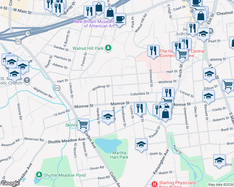 map of restaurants, bars, coffee shops, grocery stores, and more near 58 Vance Street in New Britain