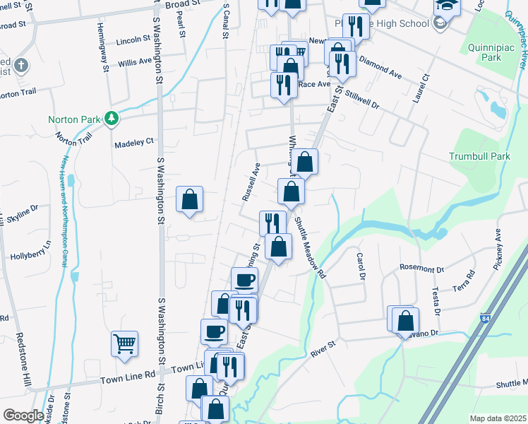 map of restaurants, bars, coffee shops, grocery stores, and more near 307 East Street in Plainville