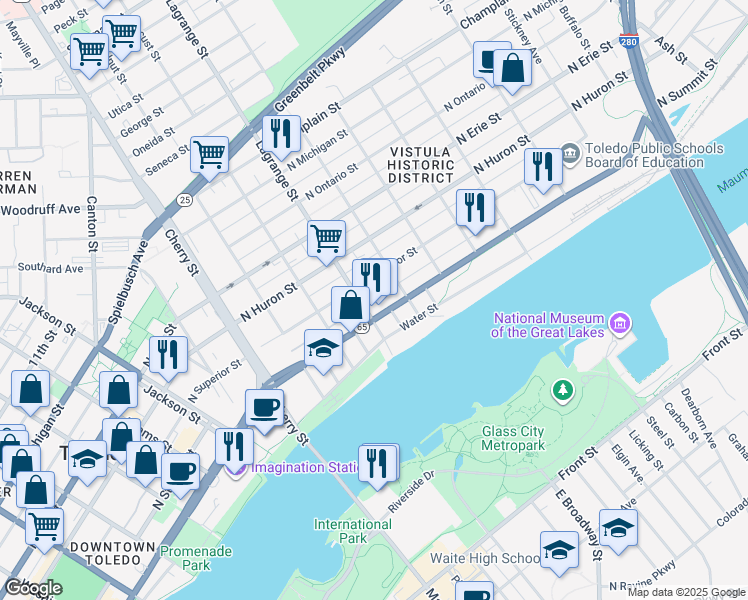 map of restaurants, bars, coffee shops, grocery stores, and more near 1008 North Superior Street in Toledo