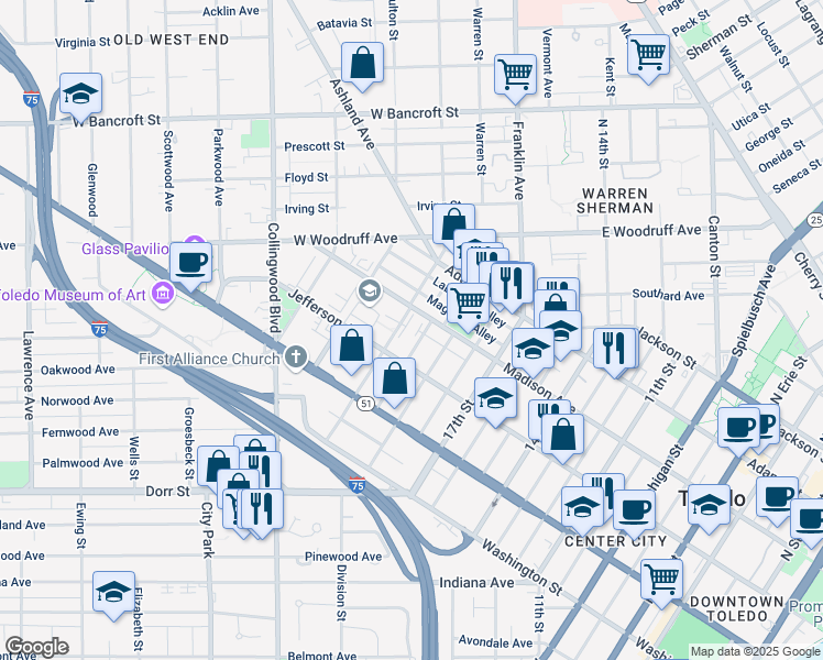 map of restaurants, bars, coffee shops, grocery stores, and more near 2200 Jefferson Avenue in Toledo