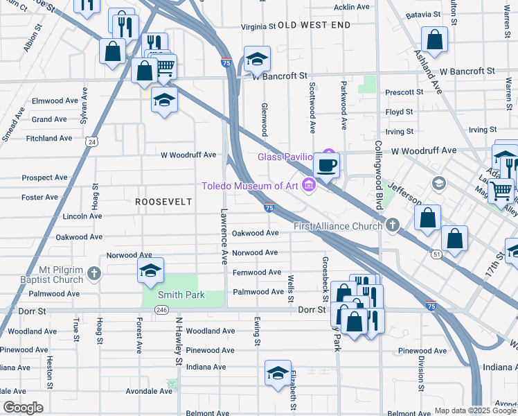 map of restaurants, bars, coffee shops, grocery stores, and more near 818 Lincoln Avenue in Toledo