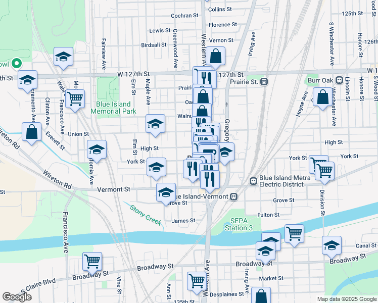 map of restaurants, bars, coffee shops, grocery stores, and more near 2433 High Street in Blue Island