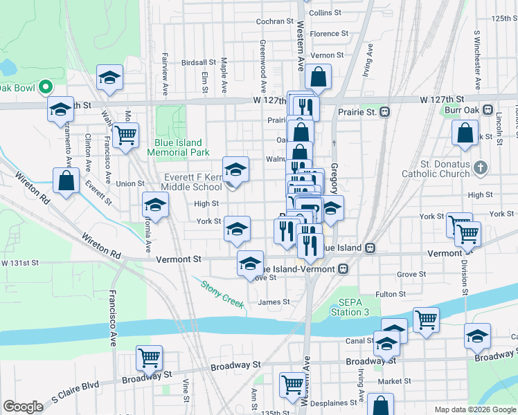 map of restaurants, bars, coffee shops, grocery stores, and more near 12925 Greenwood Avenue in Blue Island