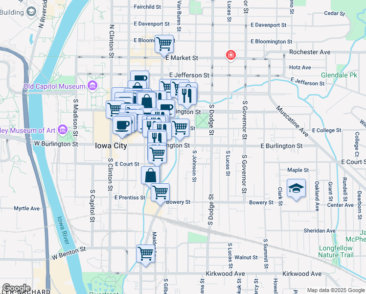 map of restaurants, bars, coffee shops, grocery stores, and more near 504 East Burlington Street in Iowa City