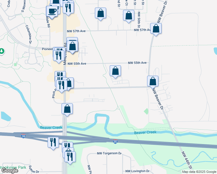 map of restaurants, bars, coffee shops, grocery stores, and more near 5625 Johnston Dr in Johnston