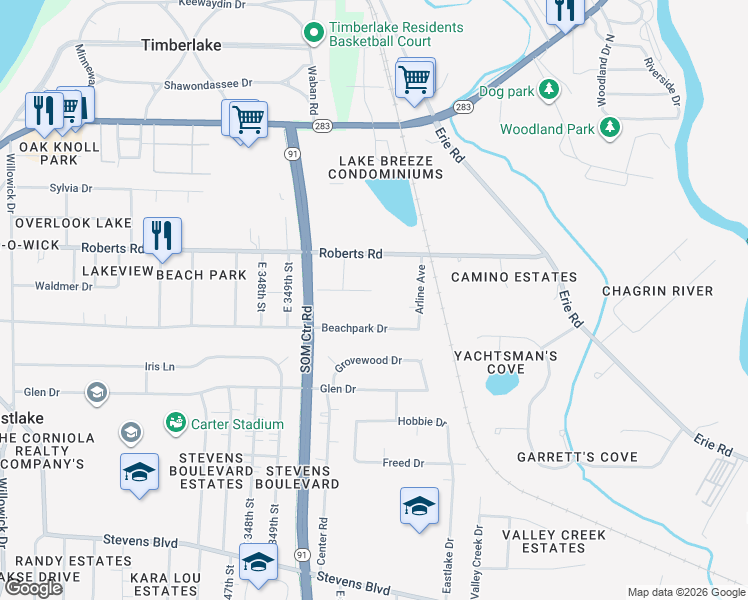 map of restaurants, bars, coffee shops, grocery stores, and more near 35438 Grover Road in Eastlake