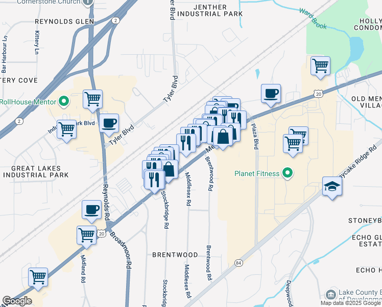 map of restaurants, bars, coffee shops, grocery stores, and more near 7593 Mentor Avenue in Mentor