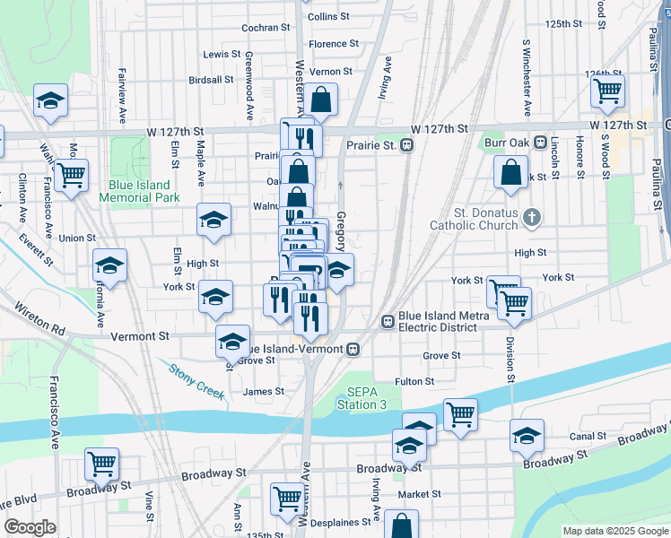 map of restaurants, bars, coffee shops, grocery stores, and more near 12935 Gregory Street in Blue Island