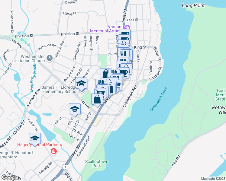 map of restaurants, bars, coffee shops, grocery stores, and more near 461 Main Street in East Greenwich