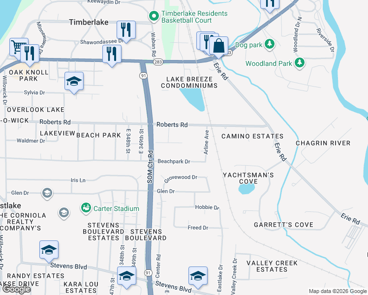 map of restaurants, bars, coffee shops, grocery stores, and more near 35438 Grover Road in Eastlake