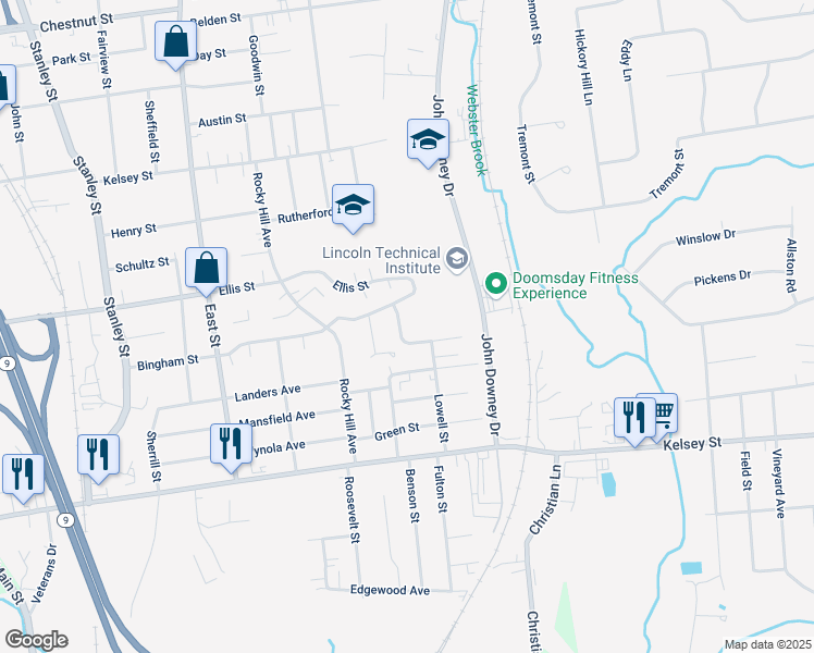 map of restaurants, bars, coffee shops, grocery stores, and more near 12 Devens Street in New Britain