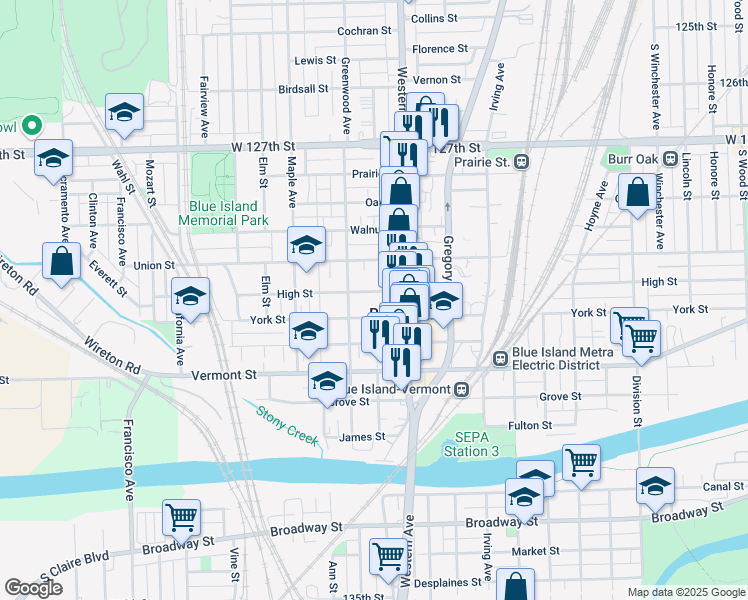 map of restaurants, bars, coffee shops, grocery stores, and more near 2433 High Street in Blue Island