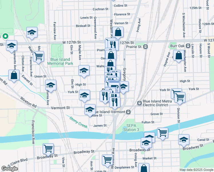 map of restaurants, bars, coffee shops, grocery stores, and more near 2433 High Street in Blue Island