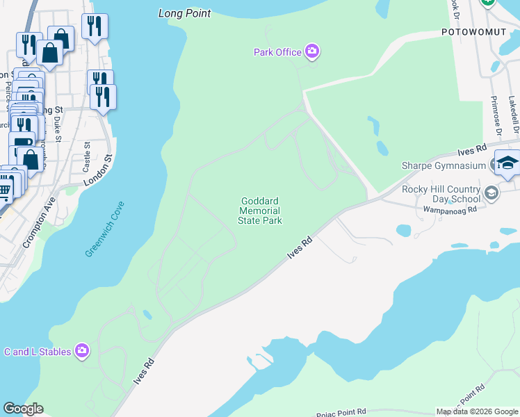 map of restaurants, bars, coffee shops, grocery stores, and more near 1095 Ives Road in East Greenwich