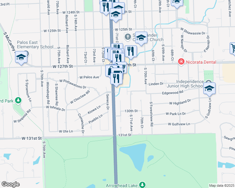 map of restaurants, bars, coffee shops, grocery stores, and more near 12845 South Harlem Avenue in Palos Heights