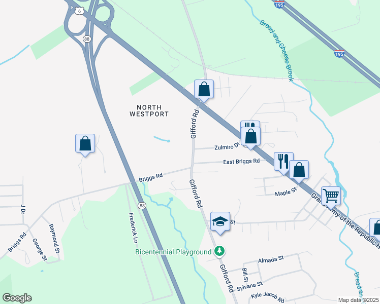 map of restaurants, bars, coffee shops, grocery stores, and more near 57 Gifford Road in Westport
