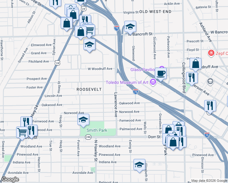 map of restaurants, bars, coffee shops, grocery stores, and more near 1809 Lawrence Avenue in Toledo