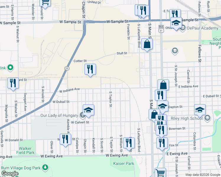 map of restaurants, bars, coffee shops, grocery stores, and more near 1599 South Taylor Street in South Bend