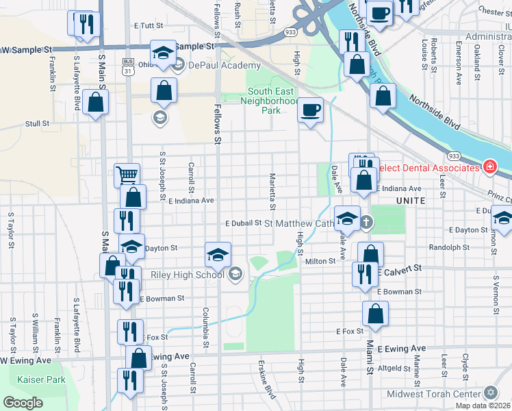 map of restaurants, bars, coffee shops, grocery stores, and more near 601 West Indiana Avenue in South Bend