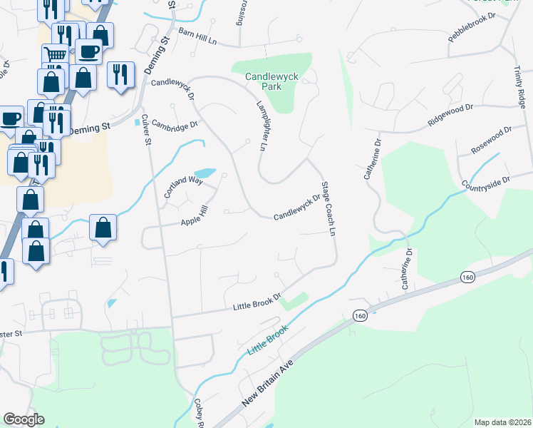 map of restaurants, bars, coffee shops, grocery stores, and more near 264 Candlewyck Drive in Newington