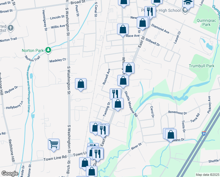 map of restaurants, bars, coffee shops, grocery stores, and more near 311R East Street in Plainville