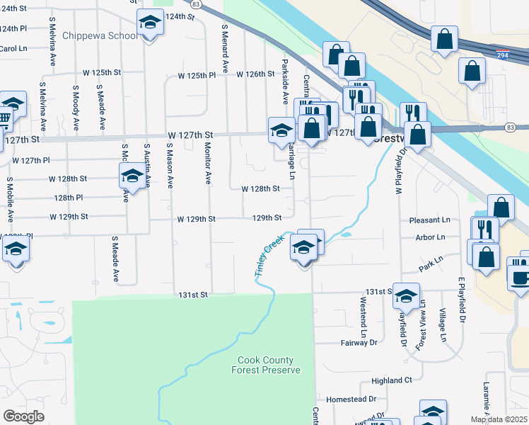 map of restaurants, bars, coffee shops, grocery stores, and more near 5720 129th Street in Crestwood