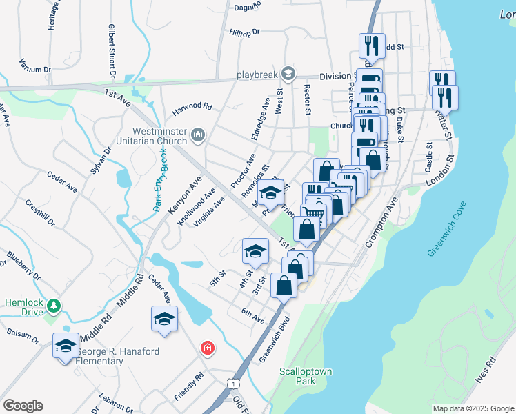 map of restaurants, bars, coffee shops, grocery stores, and more near 112 Mawney Street in East Greenwich