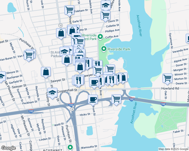 map of restaurants, bars, coffee shops, grocery stores, and more near 188 Sawyer Street in New Bedford