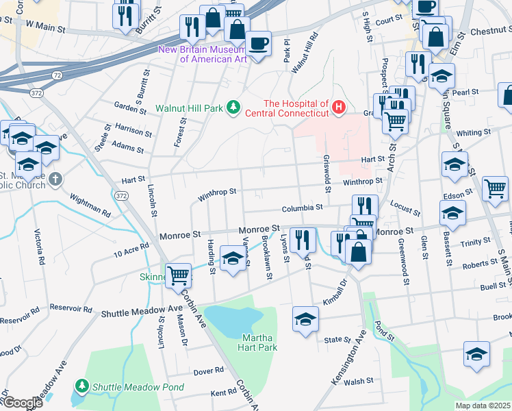 map of restaurants, bars, coffee shops, grocery stores, and more near 58 Vance Street in New Britain