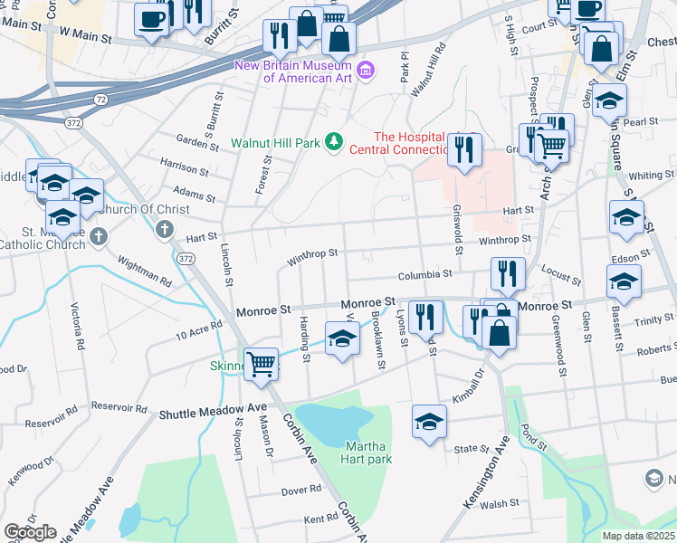 map of restaurants, bars, coffee shops, grocery stores, and more near 18 Brady Avenue in New Britain