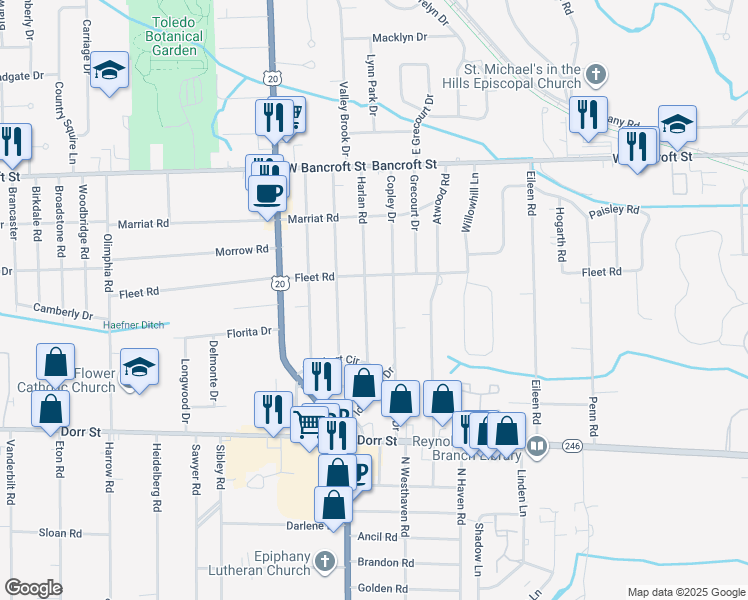 map of restaurants, bars, coffee shops, grocery stores, and more near 1841 Harlan Road in Toledo