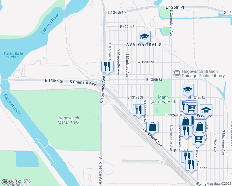 map of restaurants, bars, coffee shops, grocery stores, and more near 13041 South Marquette Avenue in Chicago