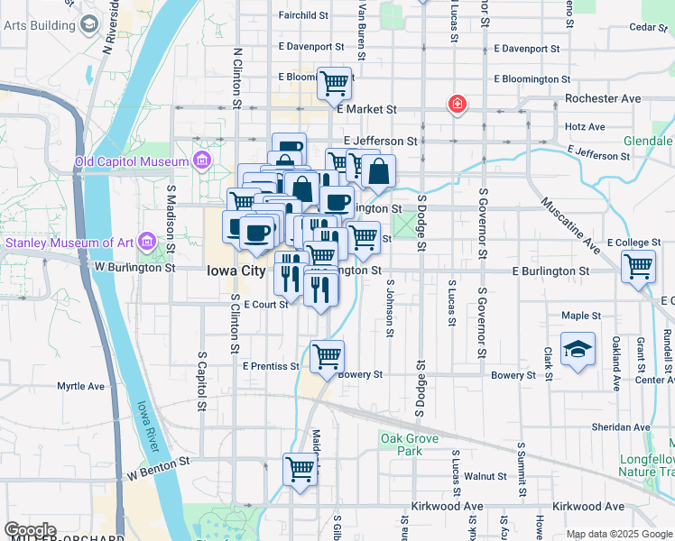 map of restaurants, bars, coffee shops, grocery stores, and more near in Iowa City