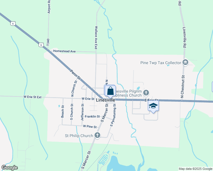 map of restaurants, bars, coffee shops, grocery stores, and more near 306 North Mercer Street in Linesville