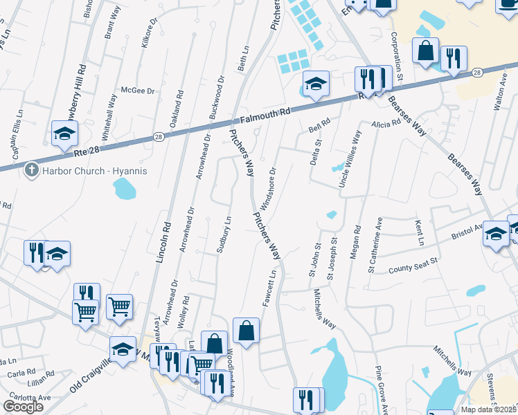 map of restaurants, bars, coffee shops, grocery stores, and more near 171 Windshore Drive in Barnstable