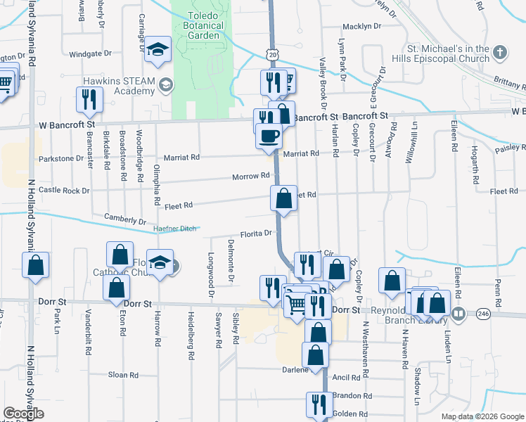 map of restaurants, bars, coffee shops, grocery stores, and more near 5322 Collomore Road in Toledo