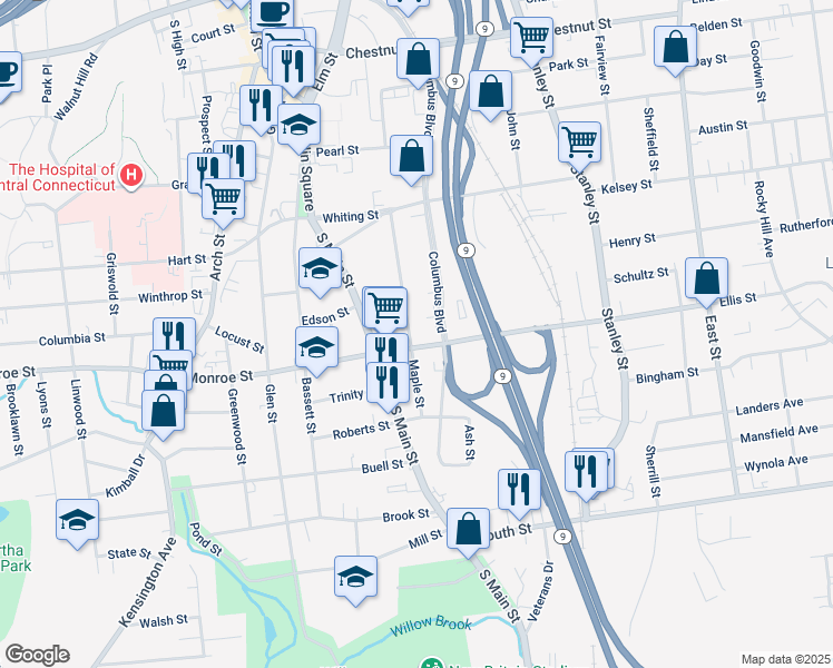 map of restaurants, bars, coffee shops, grocery stores, and more near 250 Maple Street in New Britain