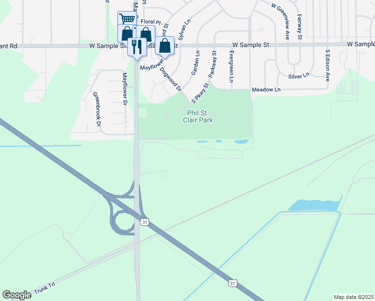 map of restaurants, bars, coffee shops, grocery stores, and more near Belleville Circle in South Bend