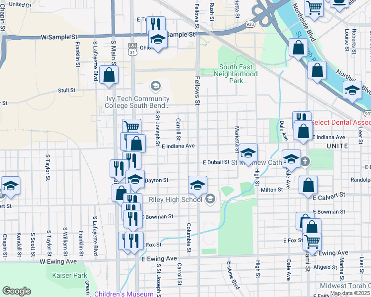 map of restaurants, bars, coffee shops, grocery stores, and more near 308 East Indiana Avenue in South Bend