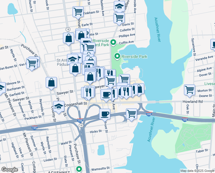 map of restaurants, bars, coffee shops, grocery stores, and more near 188 Sawyer Street in New Bedford
