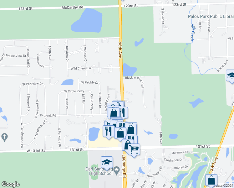 map of restaurants, bars, coffee shops, grocery stores, and more near 18 Laughry Lane in Palos Park